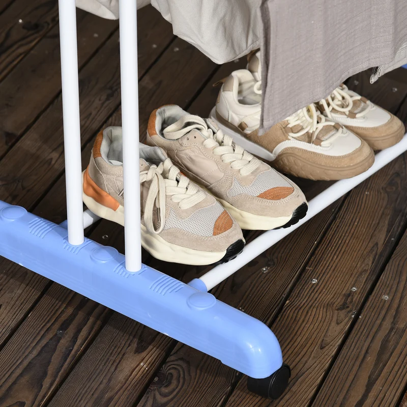 4-Tier Steel Laundry Racks for Drying Clothes with 2 Side Wings and 4 Castors, Blue