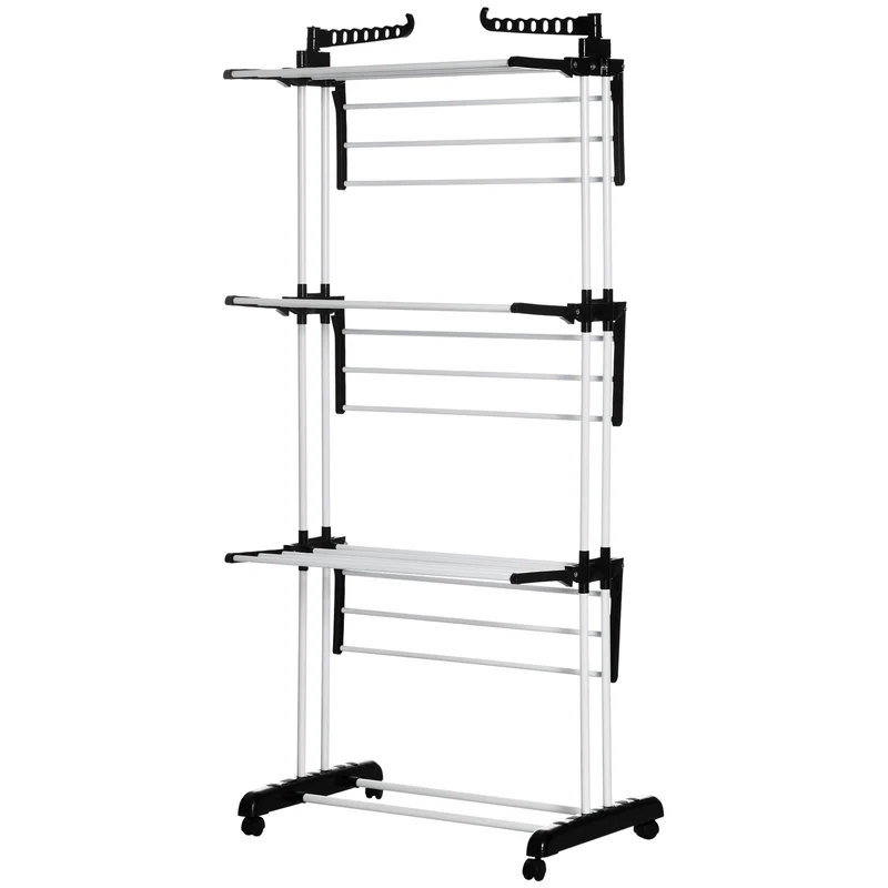 4-Tier Steel Laundry Racks for Drying Clothes with 2 Side Wings and 4 Castors, Black