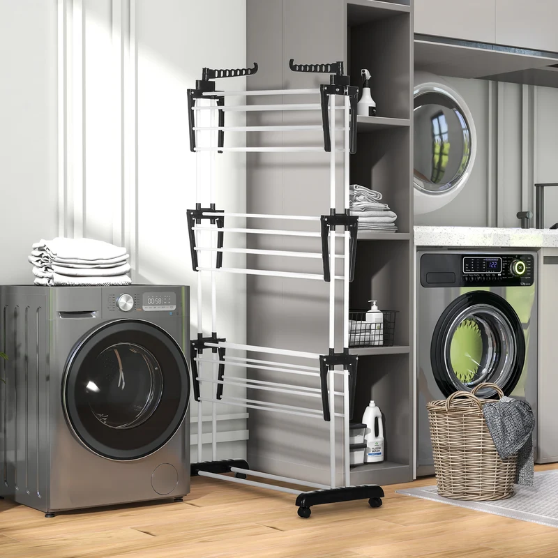 4-Tier Steel Laundry Racks for Drying Clothes with 2 Side Wings and 4 Castors, Black
