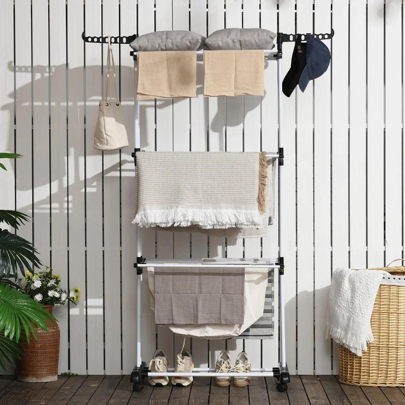 4-Tier Steel Laundry Racks for Drying Clothes with 2 Side Wings and 4 Castors, Black