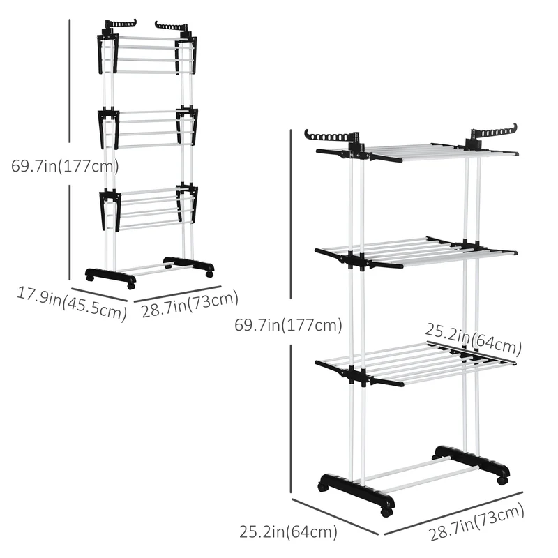 4-Tier Steel Laundry Racks for Drying Clothes with 2 Side Wings and 4 Castors, Black