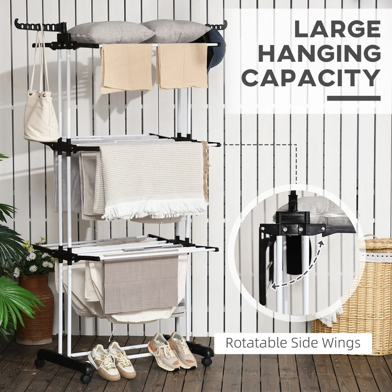 4-Tier Steel Laundry Racks for Drying Clothes with 2 Side Wings and 4 Castors, Black