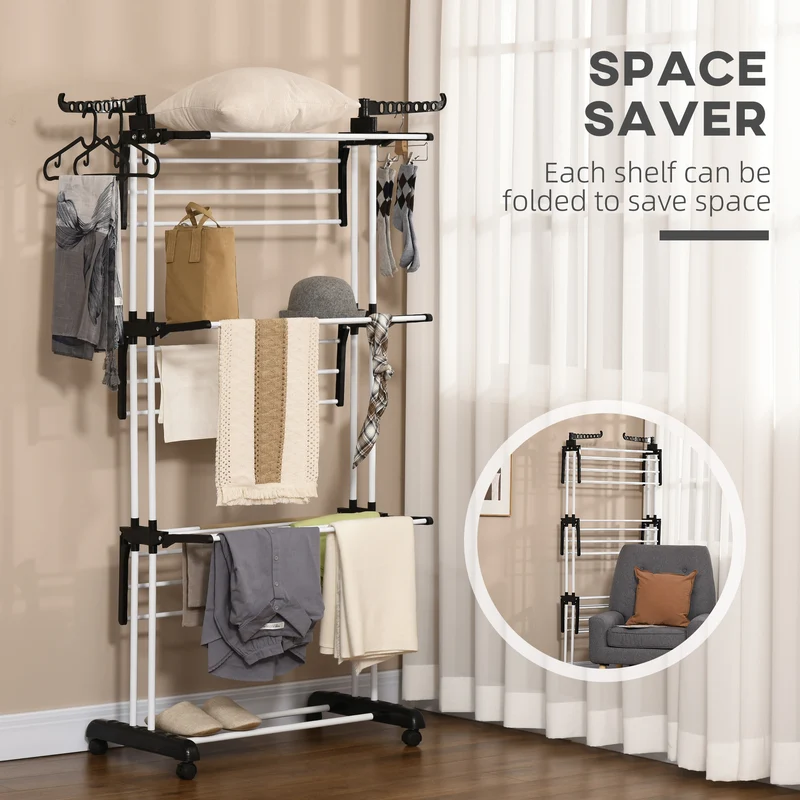 4-Tier Steel Laundry Racks for Drying Clothes with 2 Side Wings and 4 Castors, Black