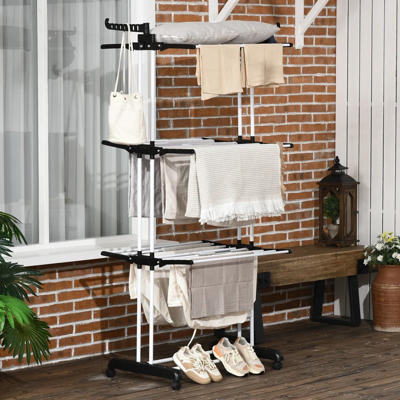 4-Tier Steel Laundry Racks for Drying Clothes with 2 Side Wings and 4 Castors, Black
