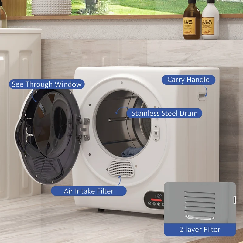 1.5 cu.ft Electric Portable Compact Laundry Clothes Dryer with Stainless Steel Drum, White