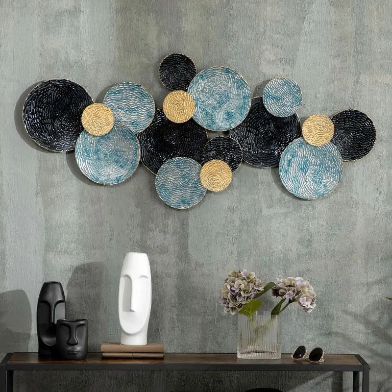 Metall Wandbild Kreise Blau Gold Schwarz 3D Kunst
