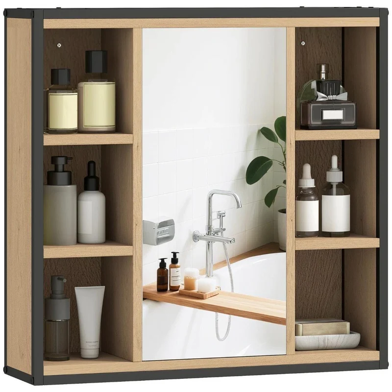 Badezimmer Spiegelschrank Industrial Schwarz Wandschrank mit Spiegel & Stauraum