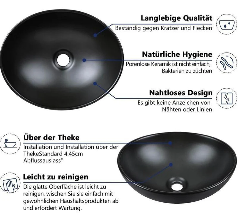 Aufsatzwaschbecken Schwarz Oval 40 × 33 cm Keramik