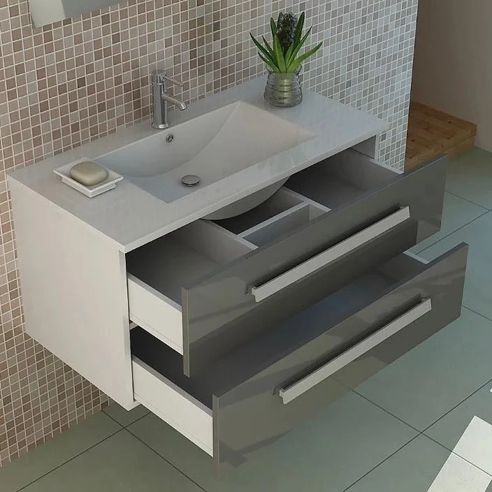 Badset Hochglanz Grau Waschtisch mit Keramik Waschbecken