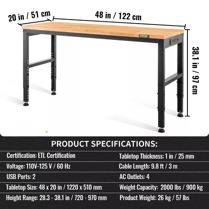 Höhenverstellbare Werkbank mit Steckdosenleiste 122cm bis 900kg