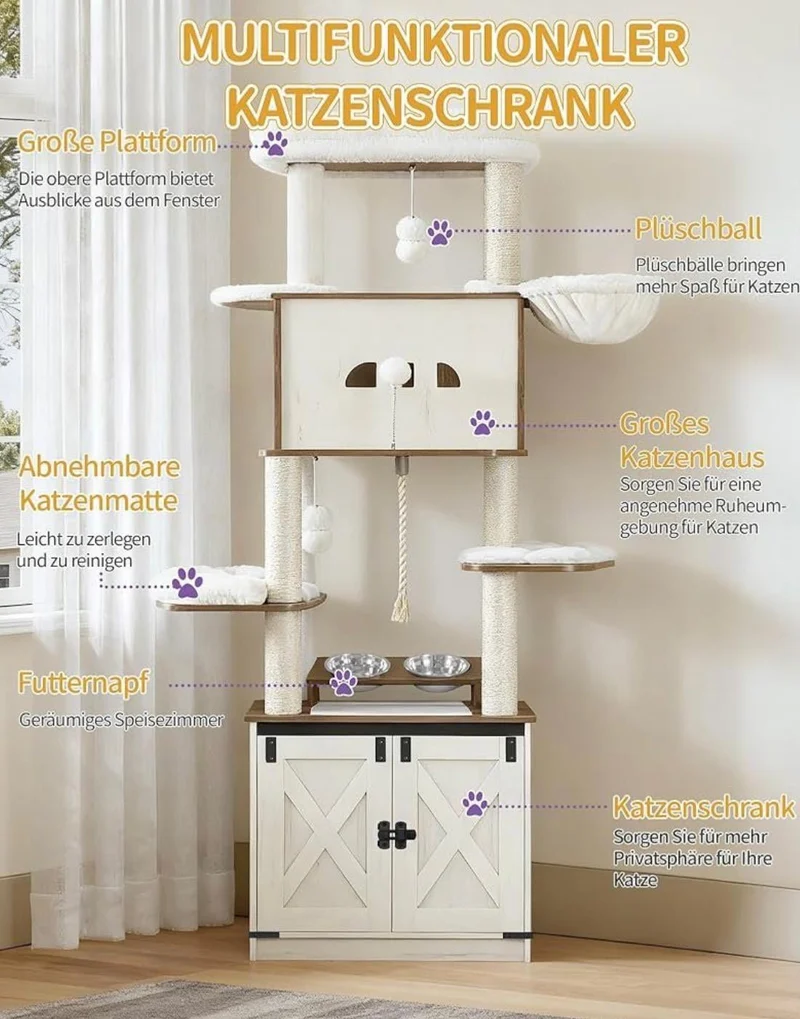 Kratzbaum Katzenschrank Futterstation 173cm Katzen