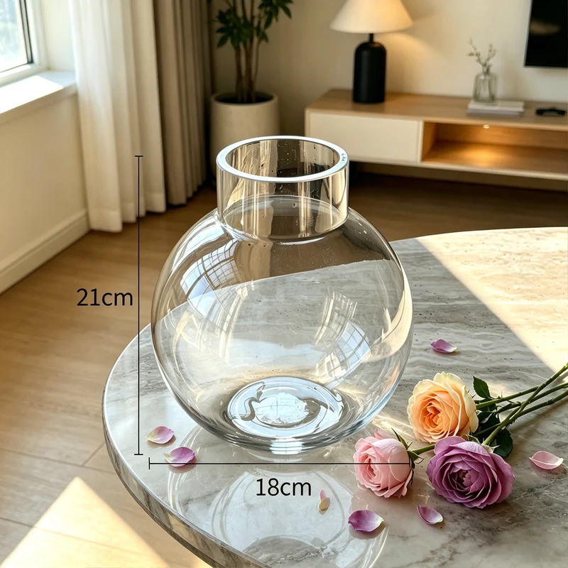 Mouthblown Glass Bulb Vase with Short Neck and Wide Body