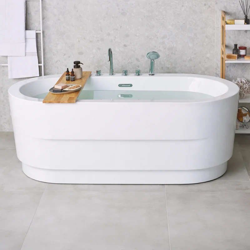 Freistehende Badewanne 170×80cm Ovale Acrylwanne mit Armatur & Überlauf
