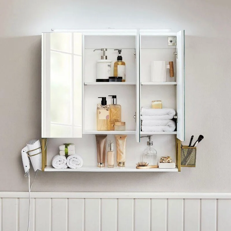 Badschrank mit LED & Spiegel Weiß Gold Wandschrank Badezimmer mit Stauraum