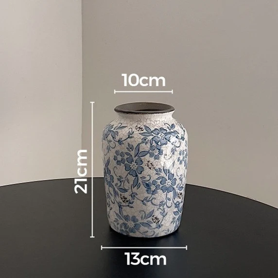 Rissige glasierte Keramik-Vase mit floralem Muster, schmalem Hals und zylindrischem Körper