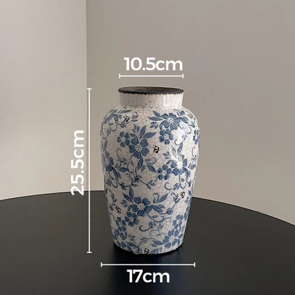 Rissige glasierte Keramik-Vase mit floralem Muster, schmalem Hals und zylindrischem Körper