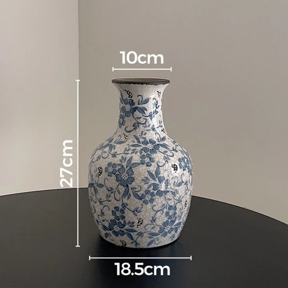 Rissige glasierte Keramik-Vase mit floralem Muster, schmalem Hals und zylindrischem Körper