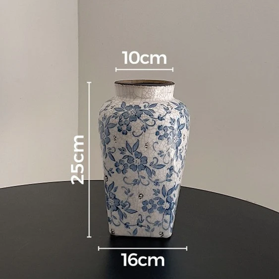 Rissige glasierte Keramik-Vase mit floralem Muster, schmalem Hals und zylindrischem Körper