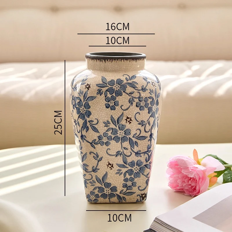Crackle-Glaze Floral Keramische Dekorative Tischvase mit schmalem Hals und quadratischem Fuß