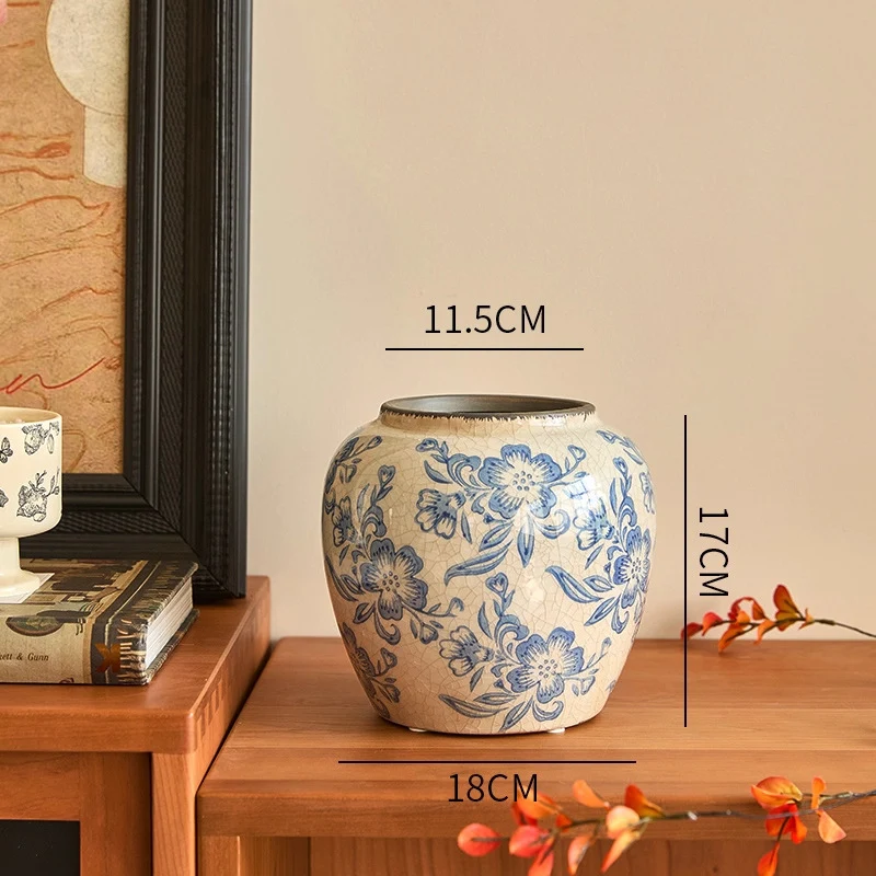 Crackle-Glaze Floral Keramische Dekorative Tischvase mit schmalem Hals und quadratischem Fuß