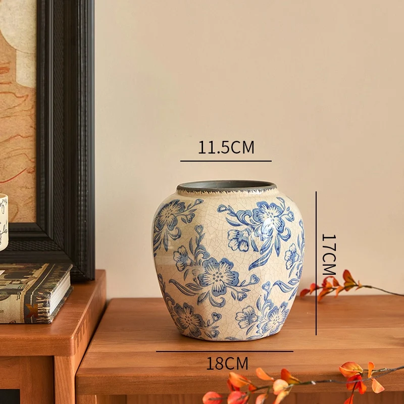Crackle-Glaze Floral Keramische Dekorative Tischvase mit schmalem Hals und quadratischem Fuß