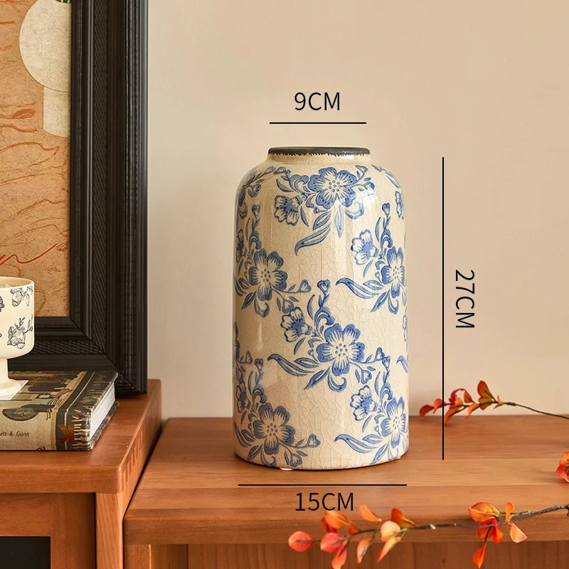 Crackle-Glaze Floral Keramische Dekorative Tischvase mit schmalem Hals und quadratischem Fuß