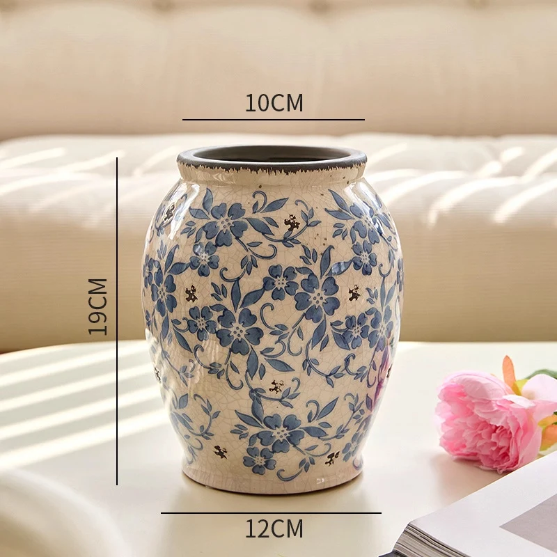 Crackle-Glaze Floral Keramische Dekorative Tischvase mit schmalem Hals und quadratischem Fuß