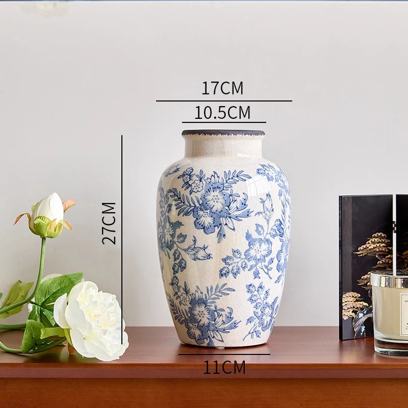 Crackle-Glaze Floral Keramische Dekorative Tischvase mit schmalem Hals und quadratischem Fuß