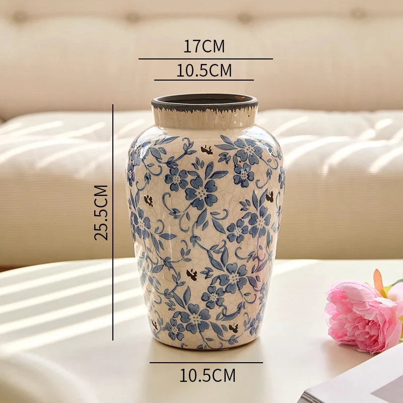 Crackle-Glaze Floral Keramische Dekorative Tischvase mit schmalem Hals und quadratischem Fuß