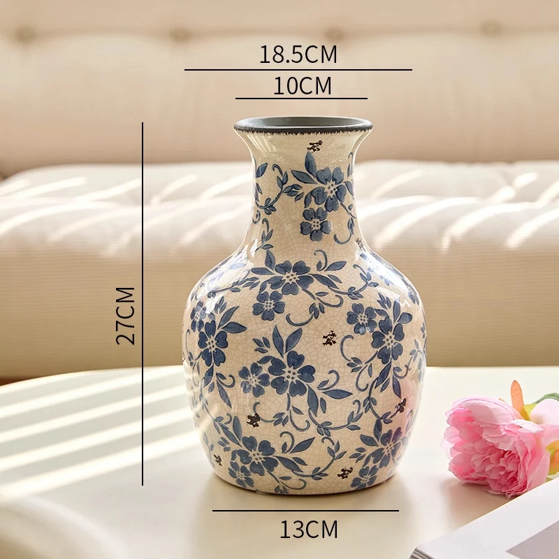 Crackle-Glaze Floral Keramische Dekorative Tischvase mit schmalem Hals und quadratischem Fuß