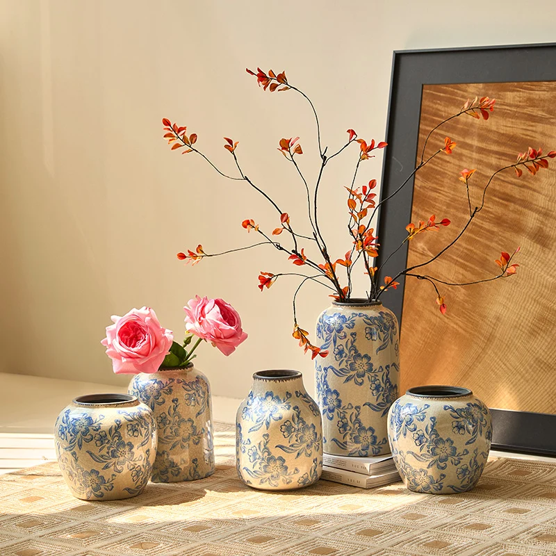 Crackle-Glaze Floral Keramische Dekorative Tischvase mit schmalem Hals und quadratischem Fuß