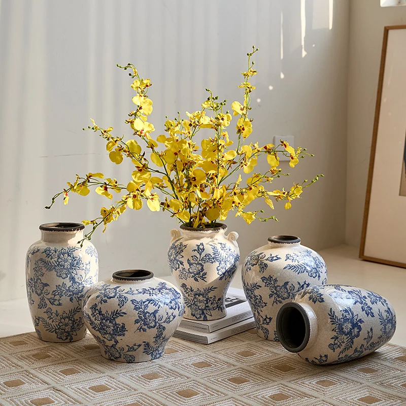 Crackle-Glaze Floral Keramische Dekorative Tischvase mit schmalem Hals und quadratischem Fuß
