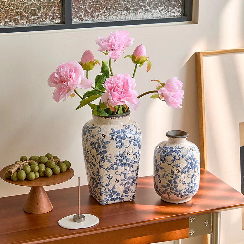 Crackle-Glaze Floral Keramische Dekorative Tischvase mit schmalem Hals und quadratischem Fuß