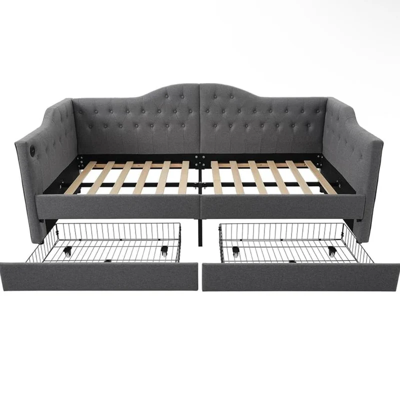 Kinder-Polsterbett 90x200cm mit Stauraum & USB Tagesbett Grau