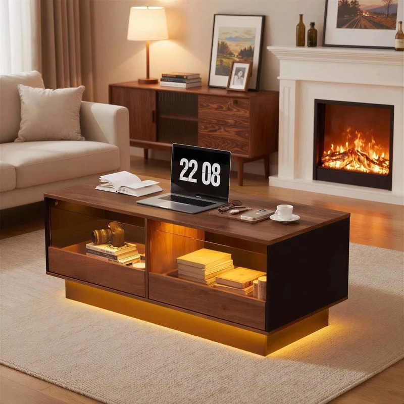 LED Couchtisch mit Glasablage & Schubladen – modern & stilvoll