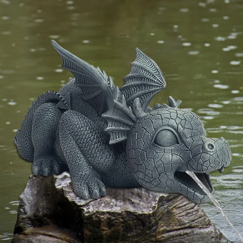Skanto | Wasserspeiende Drachenstatue aus Harz – Wetterfest, realistische Wasserspeier-Szenen, Harz-Gartendekoration
