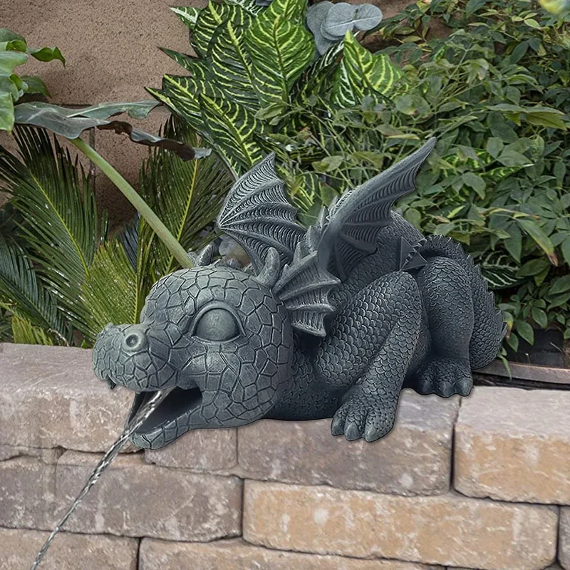Skanto | Wasserspeiende Drachenstatue aus Harz – Wetterfest, realistische Wasserspeier-Szenen, Harz-Gartendekoration