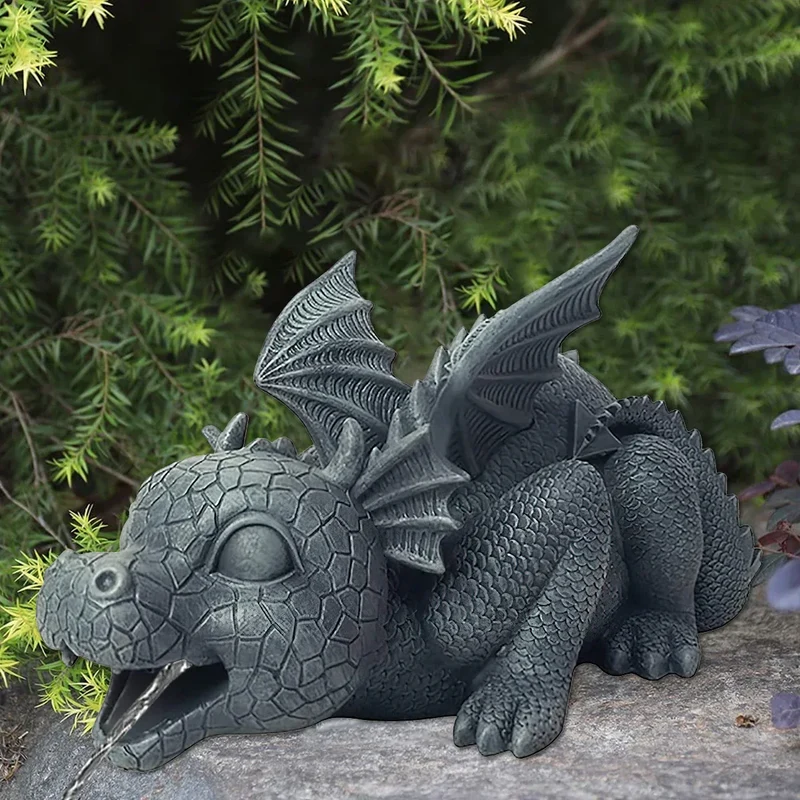Skanto | Wasserspeiende Drachenstatue aus Harz – Wetterfest, realistische Wasserspeier-Szenen, Harz-Gartendekoration