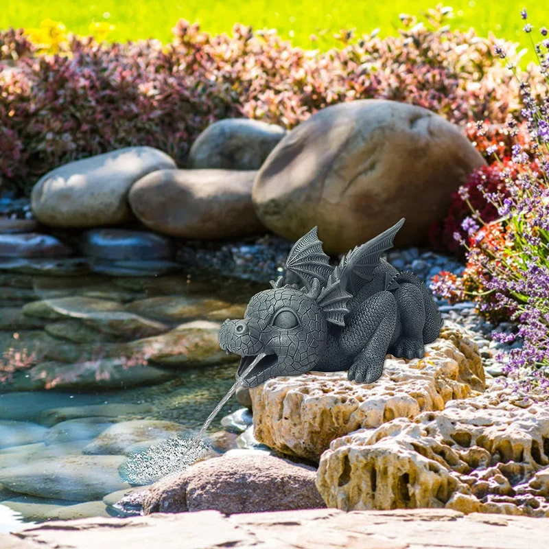 Skanto | Wasserspeiende Drachenstatue aus Harz – Wetterfest, realistische Wasserspeier-Szenen, Harz-Gartendekoration