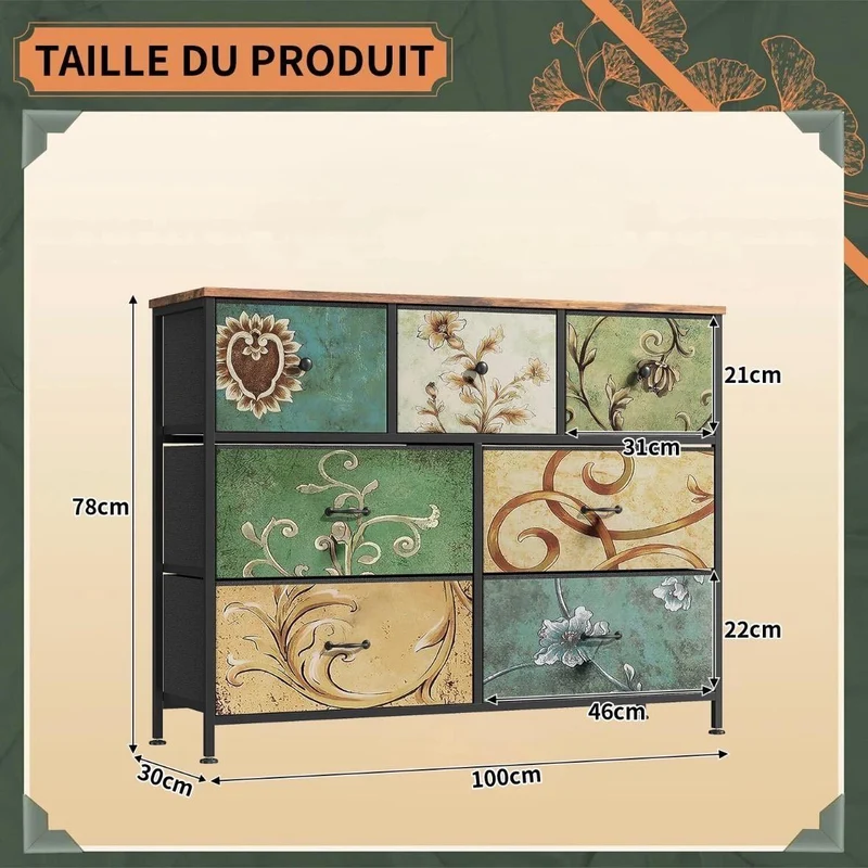 Kommode mit 7 Schubladen im Vintage-Design Stoffoptik & Metallrahmen