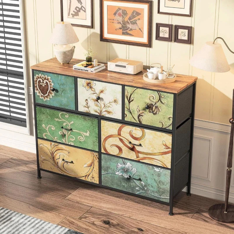 Kommode mit 7 Schubladen im Vintage-Design Stoffoptik & Metallrahmen