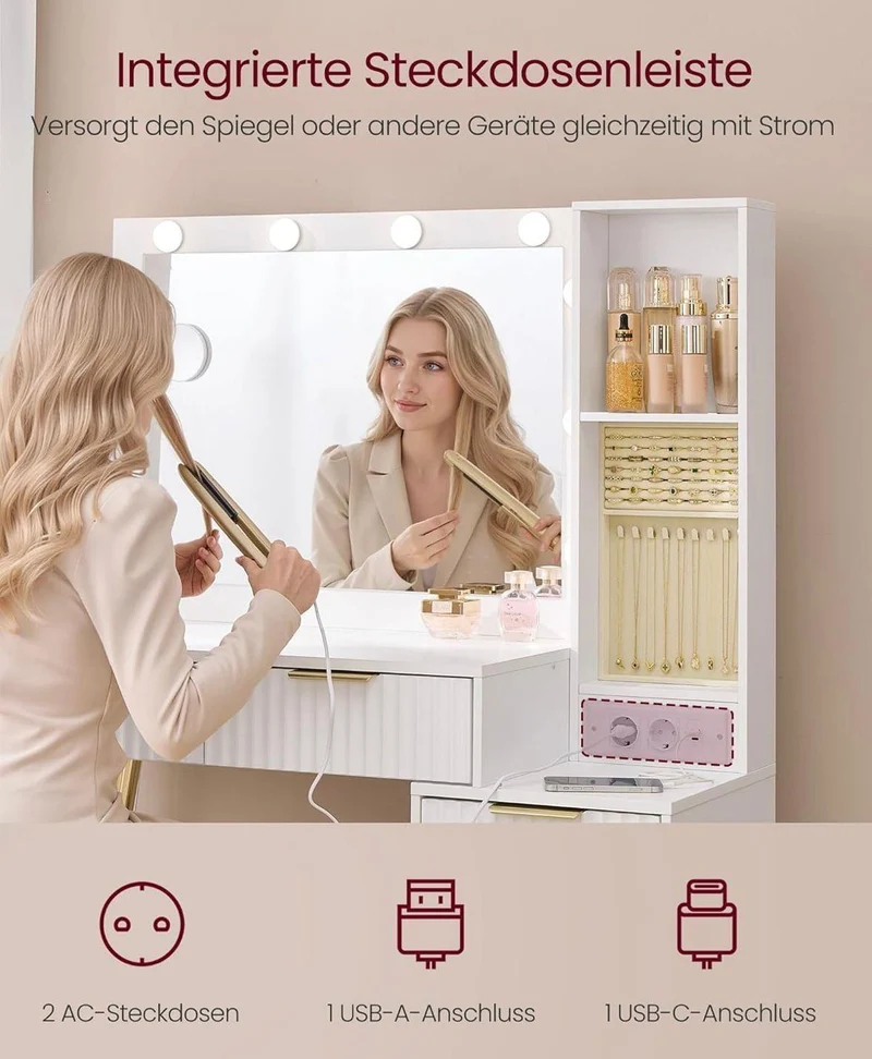 Schminktisch KAILYN mit LED-Spiegel weiß & gold, 9 Schubladen