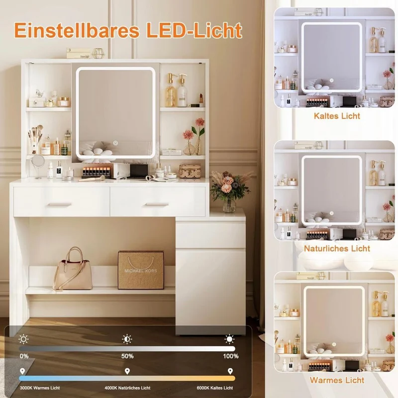 Schminktisch mit LED-Spiegel mit Stauraum & verstecktem Fach