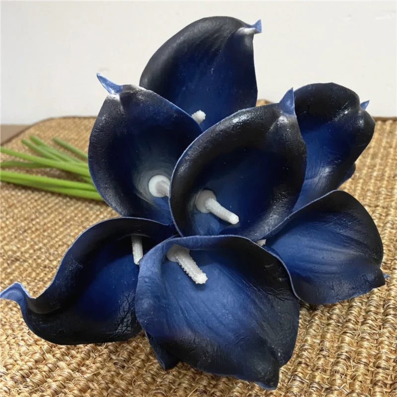Skanto | 10 Marineblaue Calla Lilien PU Real Touch Blumen Hochzeitsdekoration Sträuße Tischdeko Kunstblumen Heimdeko