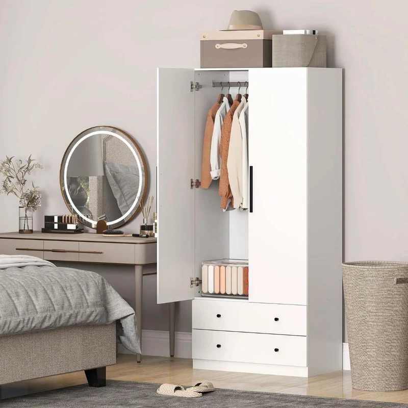 Moderner Kleiderschrank Weiß mit Schubladen & Kleiderstange