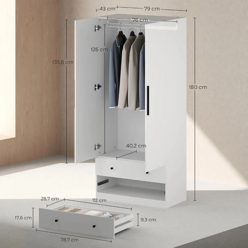 Moderner Kleiderschrank Weiß mit Schubladen & Kleiderstange