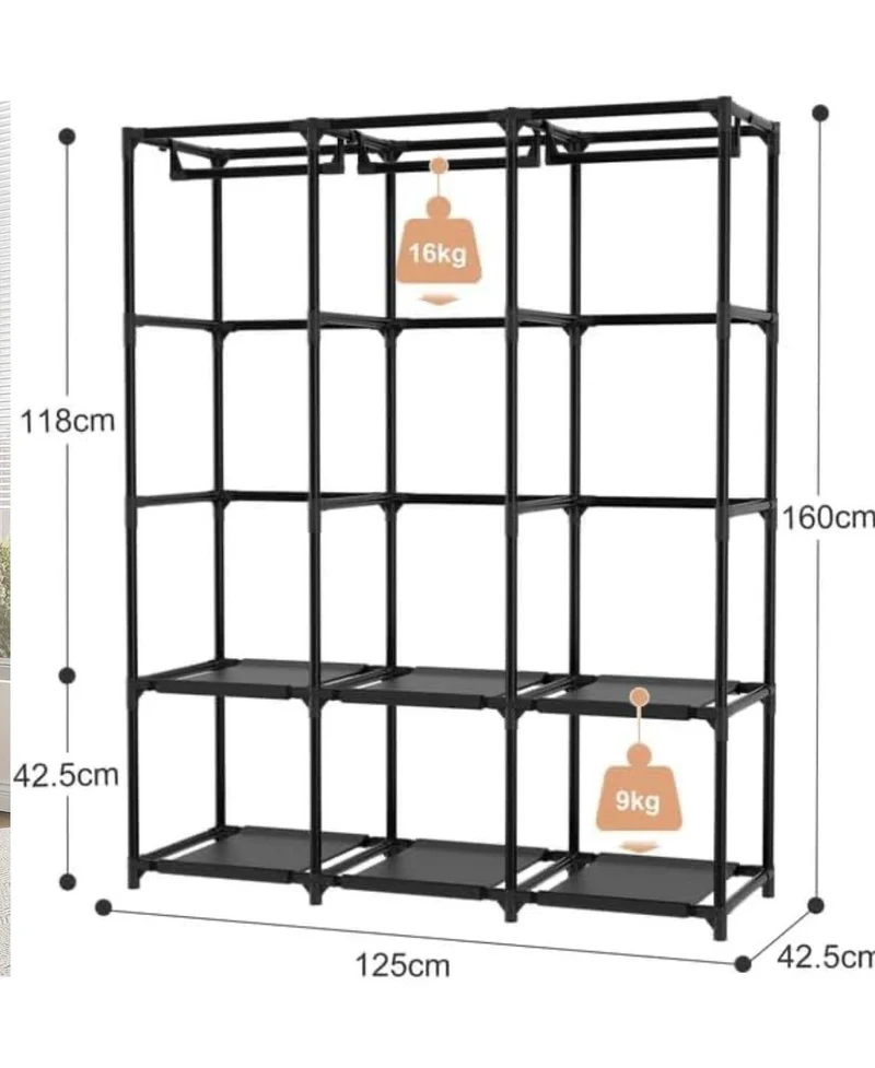 Stoffkleiderschrank flexibel & stabil mit Kleiderstangen und Ablagefächern