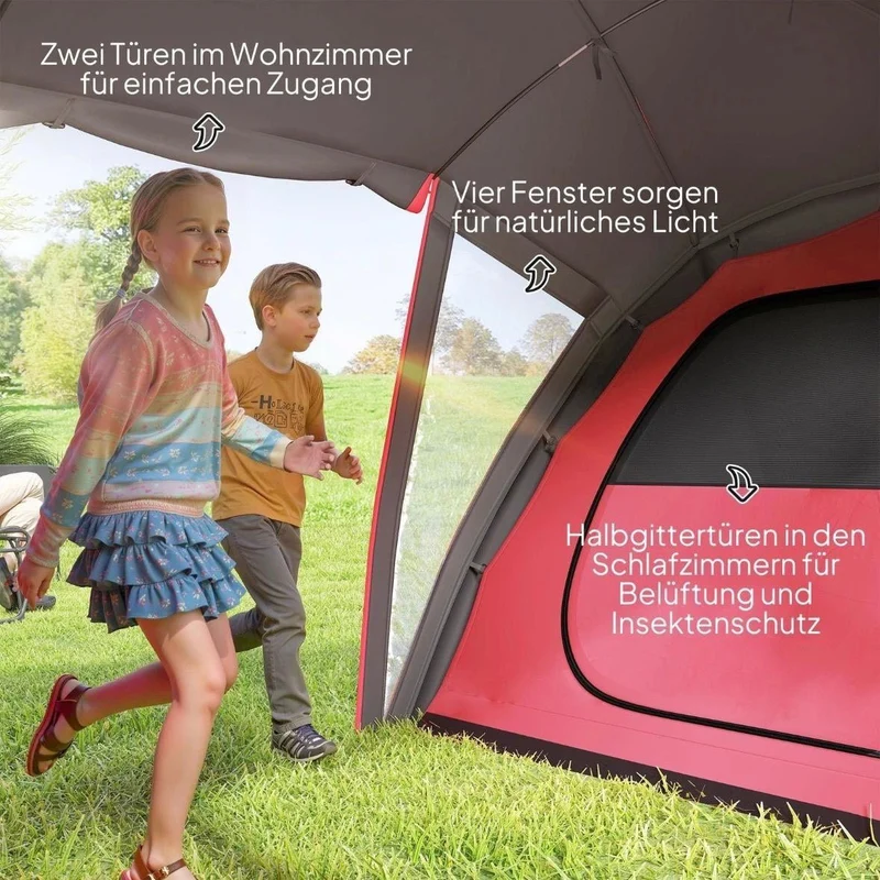 Tunnelzelt für 4–6 Personen – Familienzelt mit 2 Schlafkabinen & Wohnbereich
