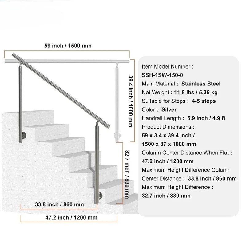 Edelstahl Treppengeländer 150cm verstellbar