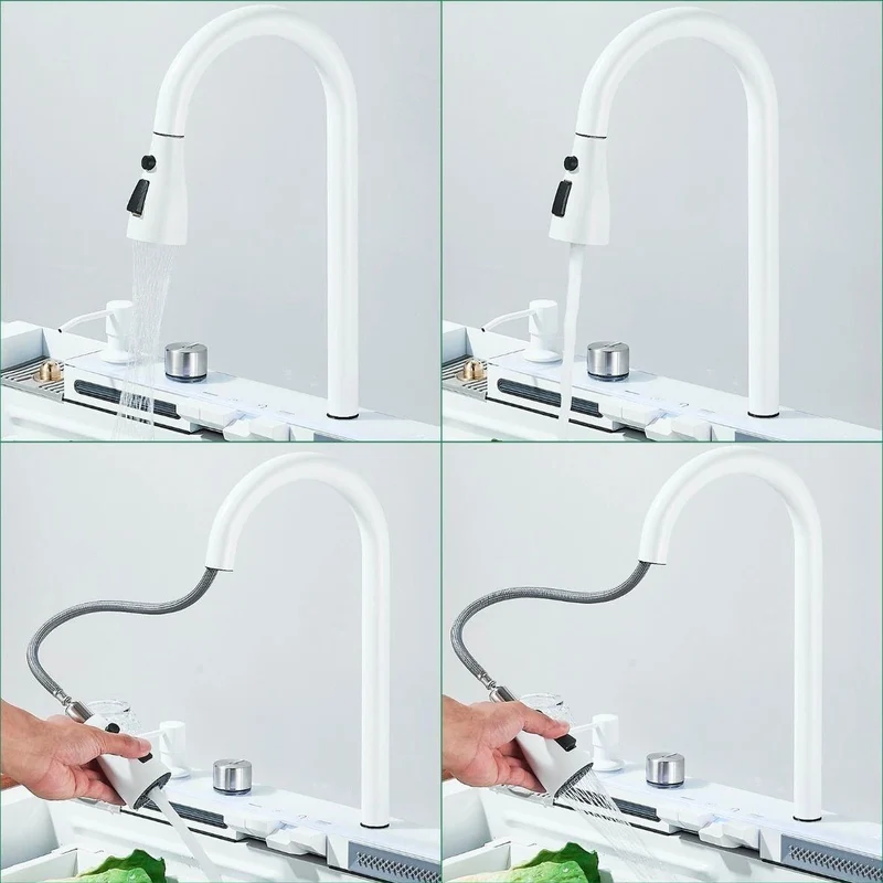 Edelstahl Küchenspüle Weiß mit LED & Wasserfall-Armatur